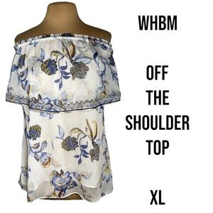 White House Black Market Floral Off-Shoulder Blouse - White and Blue